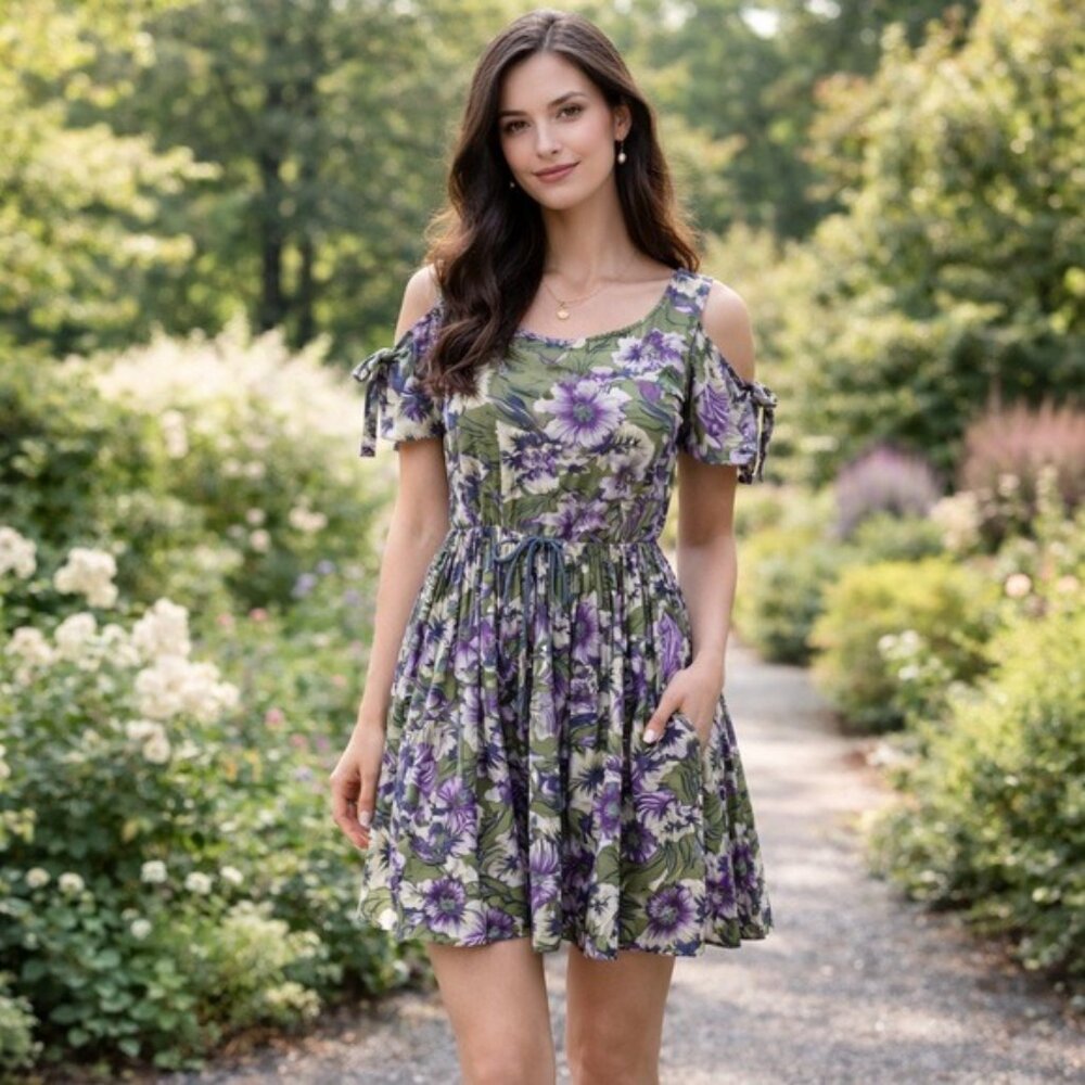 Anthro RAGA Floral Cold Shoulder Mini Dress Boho Cottagecore Garden Girl Small